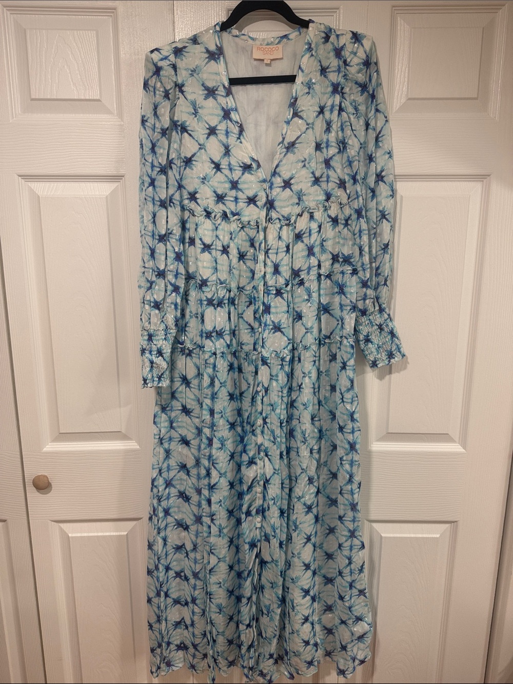 Rococo Sand Light Blue & Navy Starburst Tiered Maxi Dress